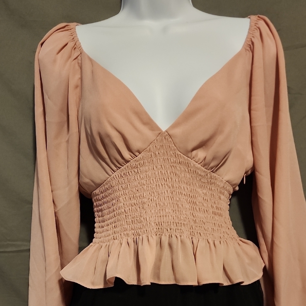 Wayf Pink Smocked Peplum Blouse with Long Puff Sleeves